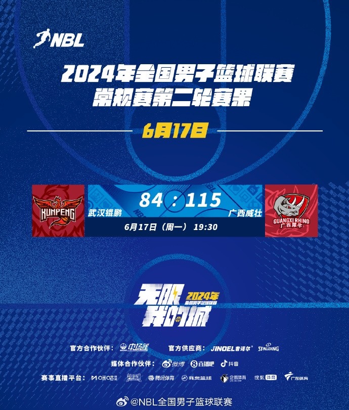 NBL今日赛果：武汉锟鹏84-115不敌广西威壮 哈姆雷特空砍42分3板